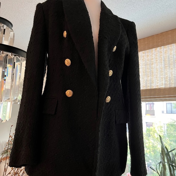 Pre-Loved Zara Black Double-Breasted Tweed Blazer Sz L - Picture 1 of 15